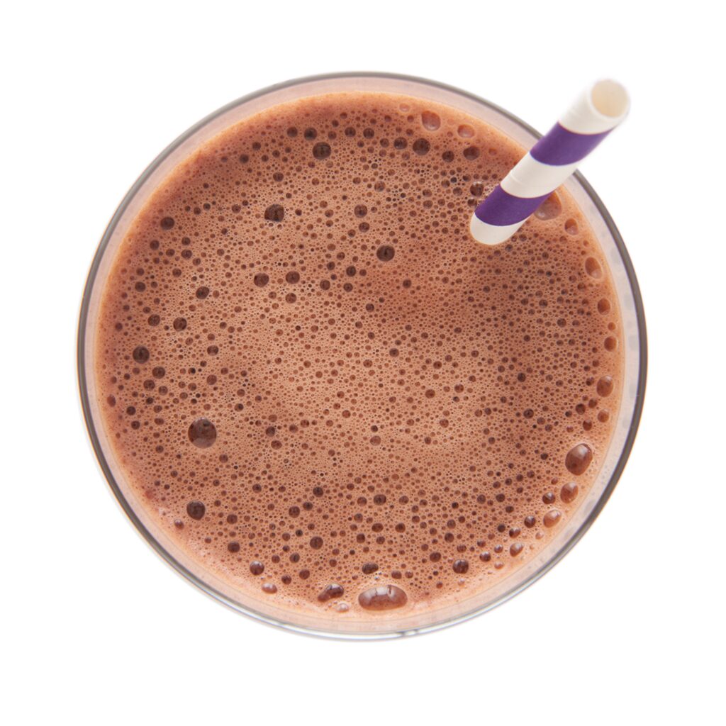 Glass of chocolate smoothie drink by Ideal Protein