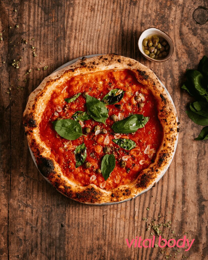 Pizza with no cheese and basil. Made with Ideal Protein Potato Packet.